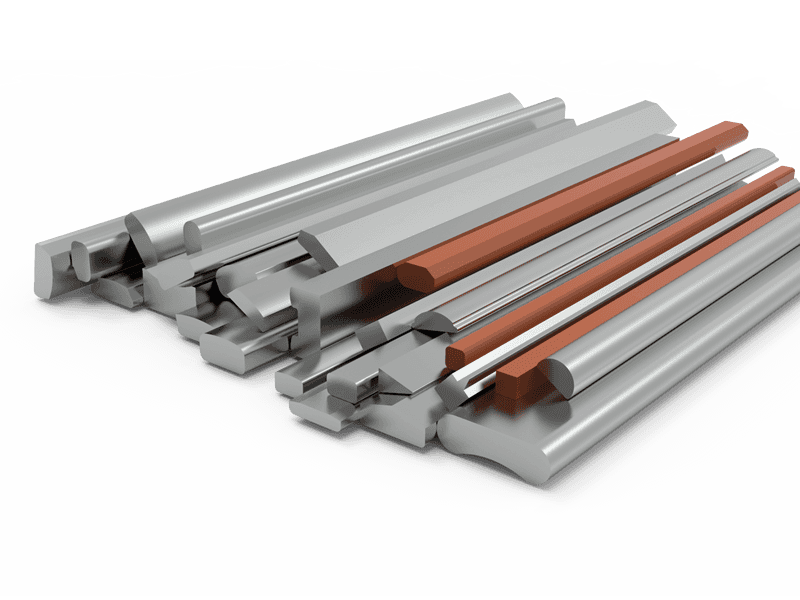 Several different materials and different shapes of custom shaped wires on gray background.