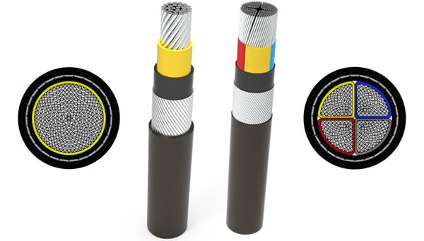An armoured cable with flat wire armour.