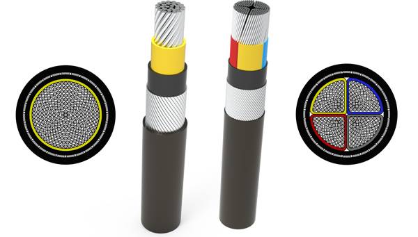 An armoured cable with formed fan-shaped wire armour.